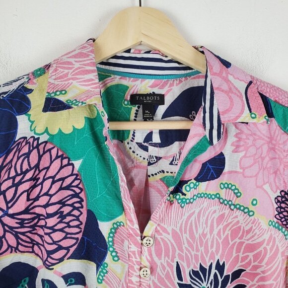 Talbots Medium Petite Pink Blue Tropical floral Popover Blouse Collared long Sle - Picture 6 of 9